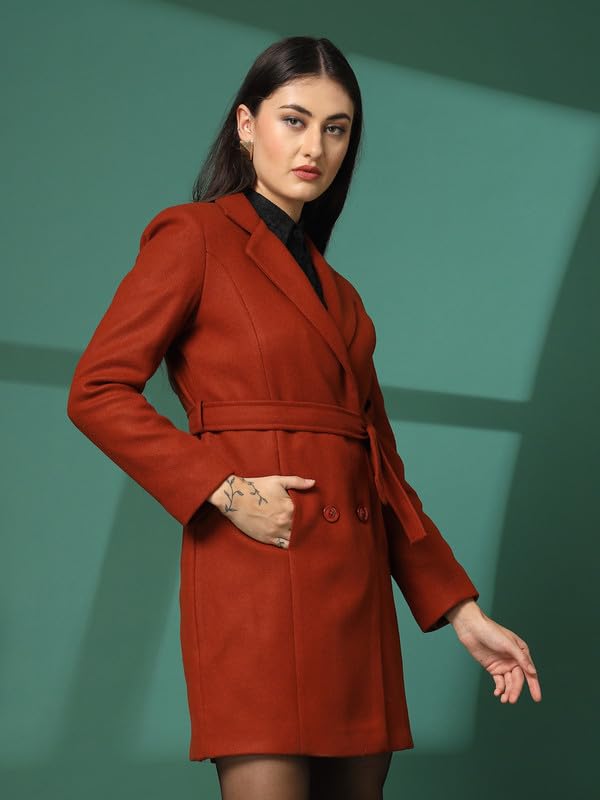 Image of CHKOKKO Polycotton Winter Wear Double Breasted Long Coat for Women Rust L