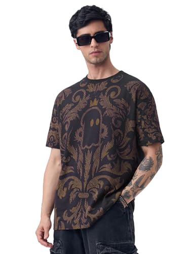 Image of The Souled Store Oversized T-Shirt: Regal Men and Boys Short Sleeves Round Neck Black Graphic Printed Cotton Drop Shoulder Everydaywear Streetwear Casual Oversized T-Shirt