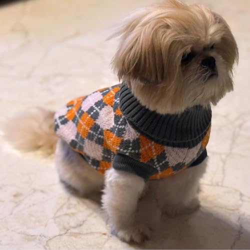 Image of Lulala Dog Sweater for Winter - Soft Grey Orange and Grey Argyle Pattern, Warm Knit Sweater for Small to Medium Breeds, Cozy Dog Clothes
