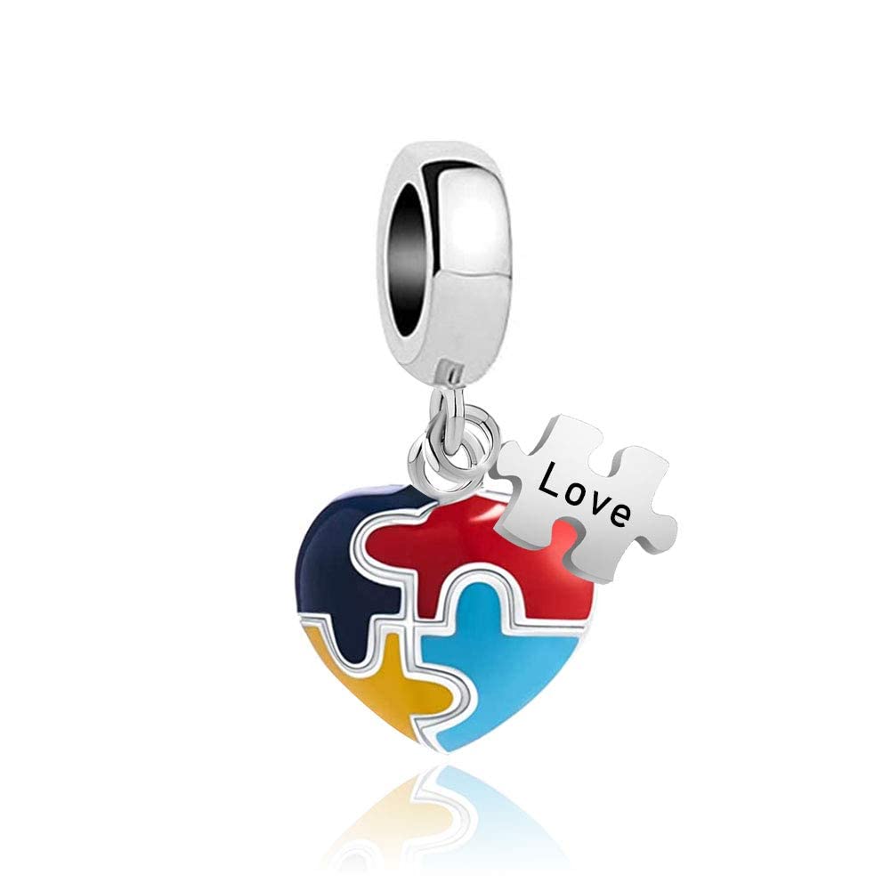 OutstandLong New Autism Awareness Charm Puzzle Piece Enamel ASD Bead Heart Love Pandora Charms for European Charm Bracelet