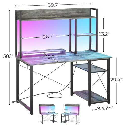 Image of Cyclysio Gaming Desk with Hutch, 39'' Computer Desk with LED Lights & Power Outlets, Home Office Desk with Reversible 5 Tiers Storage Shelves & Monitor Stand, Small Gaming Table for Small Space, Grey