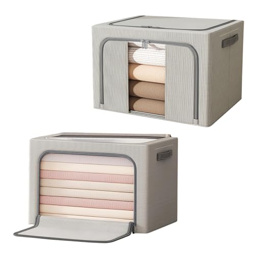 Resszo Large Clothes Storage Bag, 2 Pack Foldable Oxford Cloth Steel Frame Box With Double Opening Zip And Clear Window, Sided Zip Top Lid, With Reinforced Handle for Storing Bedding, Blankets
