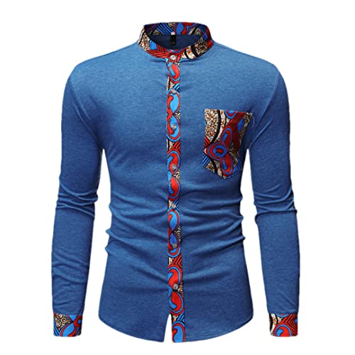Chemise imprimée pour homme style vintage rétro décontractée en coton bleu ciel