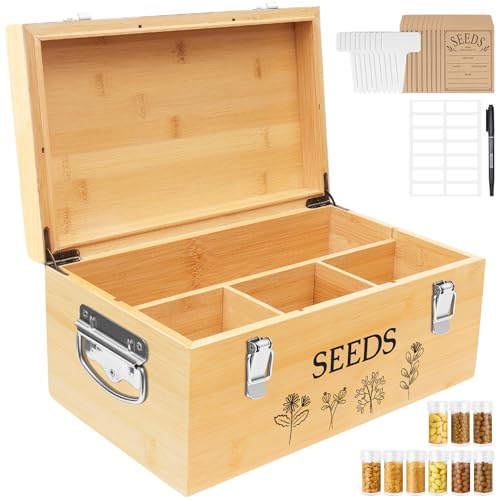 Intarsio Large Bamboo Wood Seed Storage Organizer Box with Lid,Double-Layer Seal Design Seed Saving Box with 304 Stainless Steel Safety Lock,Handles,Extra Seed Envelopes and Labels (Wood)
