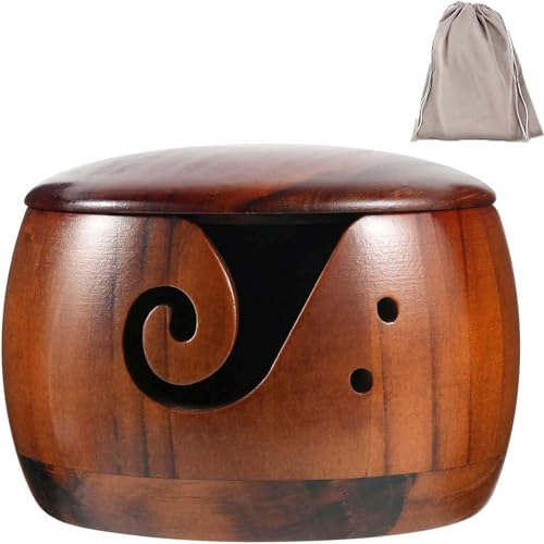 Image of Wooden Yarn Bowl for Crocheting,Knitting Yarn Bowls with Lid Yarn Storage Handmade Craft with Storagebag for DIY Knitting Crocheting
