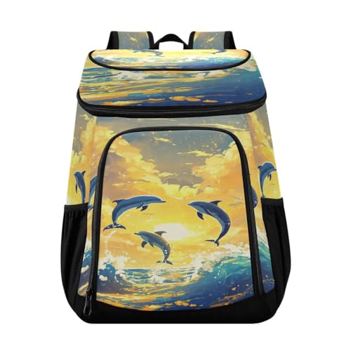 Dolphin Wave Sunny Yellow Cooler Backpack Leakproof Insulated Lunch Cooler Bag 30 Cans Camping Backpacks for Camping Hiking Beach