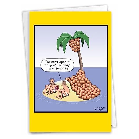 NobleWorks - 1 Funny Card for Happy Birthdays - Hilarious Cartoon Notecard with Envelope, Bday Celebration (Buyer Discretion Advised) - Coconut Surprise C7007BDG Cover