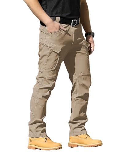 whox Men's Cargo Tactical Pants Work Hiking Trousers Waterproof Lightweight Elastic Waist for Travel with Pockets(No Belt) Khaki