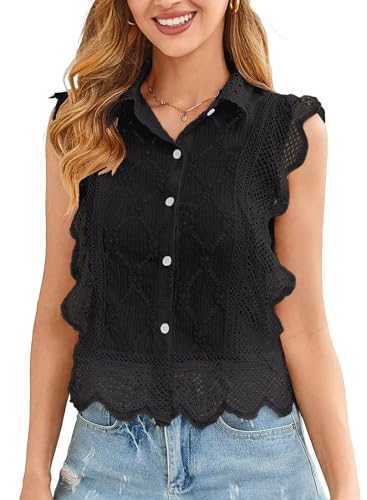 Tank Top for Women Button Down Summer Casual Tops Collared Sleeveless Shirts Babydoll Eyelet Ruffle Blouse
