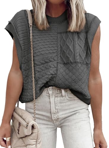 Image of EVALESS Womens Short Sleeve Sweater Summer Fall 2025 Round Neck Crochet Pullover Cap Sleeve Knit Oversized Sweater Vest Tops