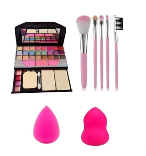 Women’s & Girl’s Fashion 6155 Multicolour Makeup Kit with 5 Pink Makeup Brushes Set and 2 Pink beauty Blenders- (Pack of 8)