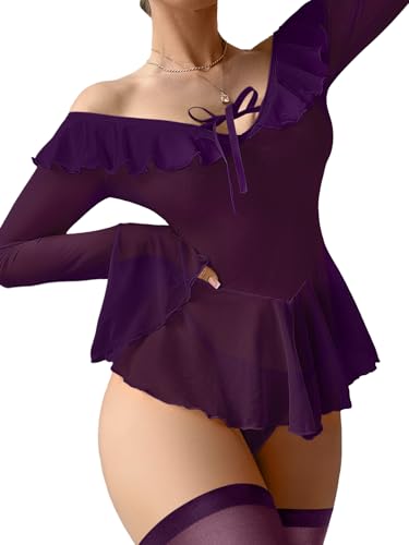 Image of Foxiny Sheer Ruffle Long Sleeve Babydoll Lingerie Dress | Off-shoulder neckline, flared cuffs and a flounce hem add movement; thong and thigh-high stockings complete the 3-piece set