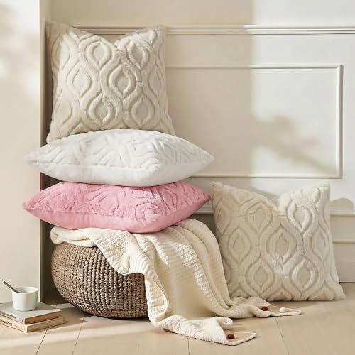Image of decorUhome Fall Throw Pillow Covers 26x26 Inch Set of 2, Soft Plush Faux Wool Beige Solid Couch Pillow Covers, Accent Euro Sham Farmhouse Neutral Square Pillow Cases for Sofa Bed Living Room
