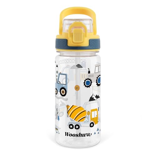 wooshwa Trinkflasche Kinder mit Strohhalm 480ml Auslaufsicher Sport Trinkflaschen Schule Wasserflasche Jungen Mädchen zum Wandern & Fitnessstudio mit Tragegriff BPA-frei - Bagger