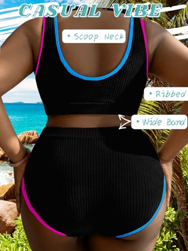 Plus Size High Waisted Bikini,Tie Dye Color Block Ribbed Swimsuit,2 Piece Bathing Suit for Curvy Women3