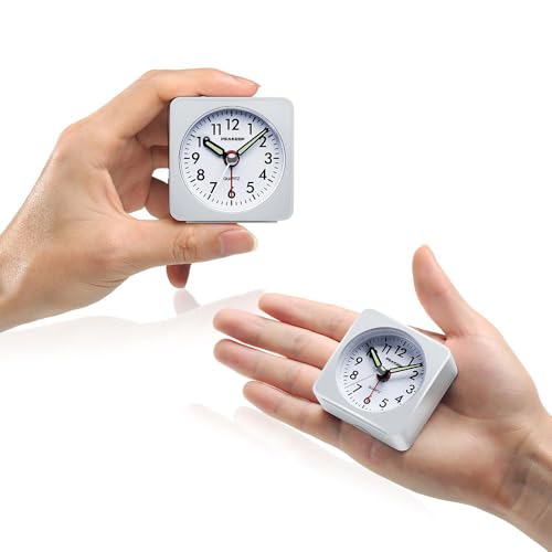 Image of Peakeep Ultra Small, Battery Travel Alarm Clock with Snooze and Light | Silent No Ticking Analog Quartz Clock (White)