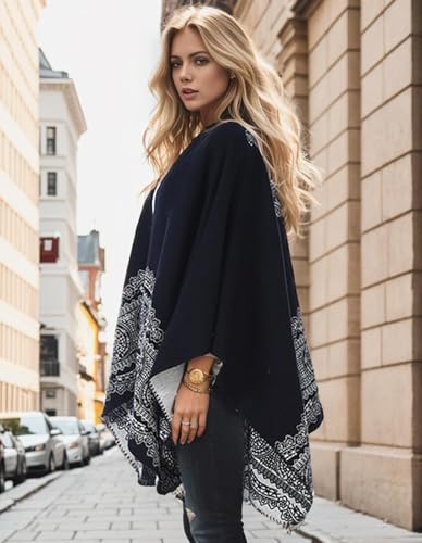 Women's Shawl Wraps Open Front Poncho Cape Oversized Sweaters Casual Cardigan Shawls for Fall Winter, lace Pattern Black