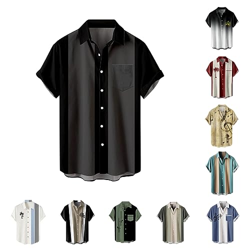 Camisas de bolos vintage de los años 50 para hombre, estilo retro, casual, con botones, estilo rockabilly, manga corta, ajuste regular, camisas hawaianas, E# Negro, 4XL