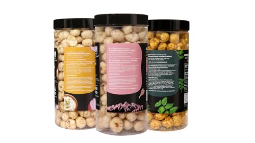 Image of H O M House Of Makhana 195g Pudina, Cream and Onion And Himalayan Salt and Pepper Gourmet Makhana Jar Roasted in Olive Oil, Flavored Makhana Pack of 3 (65gX3)