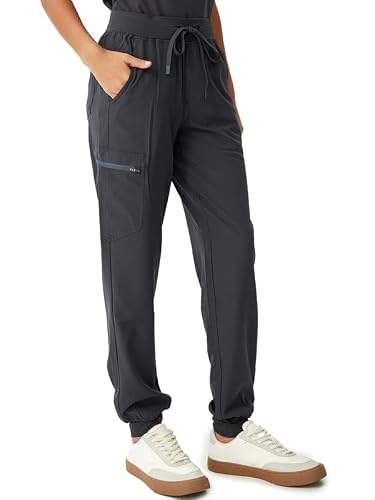 floralhue Scrubs for Women, V-Neck Scrubs Top & Cargo Pants with 10 Pockets, Dark Grey, XS