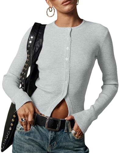 Cioatin Women Long Sleeve Button Down Open Front Slit Ribbed Knit Y2K Crop Cardigan Tops Slim Fit Sweater Pullover Fall Shirt