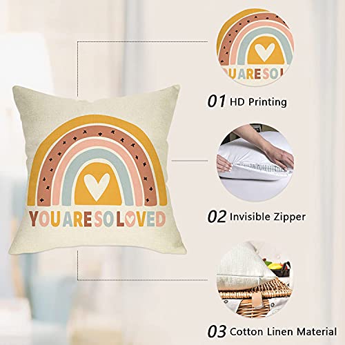 Image of Boho Rainbow Home Decorative Throw Pillow Cover, You are So Loved Inspirational Quote Heart Cushion Case 18x18 for Girls Kids Bedroom Nursery Decor Bohemian Neutral Baby Shower Decoration Gifts