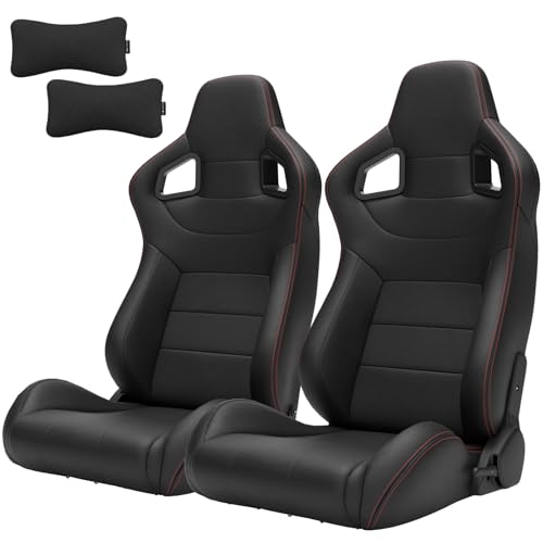 2 Pieces Universal Racing Seats with Dual Lock Sliders, 1 Pair PVC Leather Bucket Seats with Two Headrest Pillows for Cars (Black)