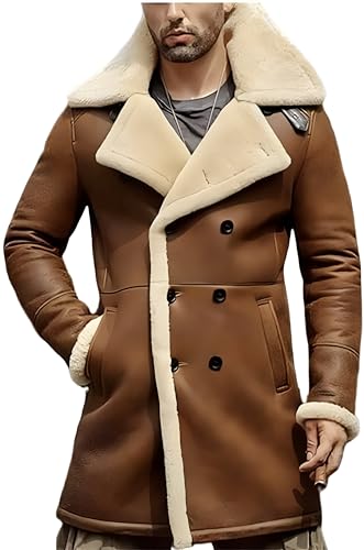 Image of Shearling Brown Leather Coat Genuine Sheepskin Leather Coat with Artificial Fur B3 Bomber Leather Coat Aviator Coat for Men