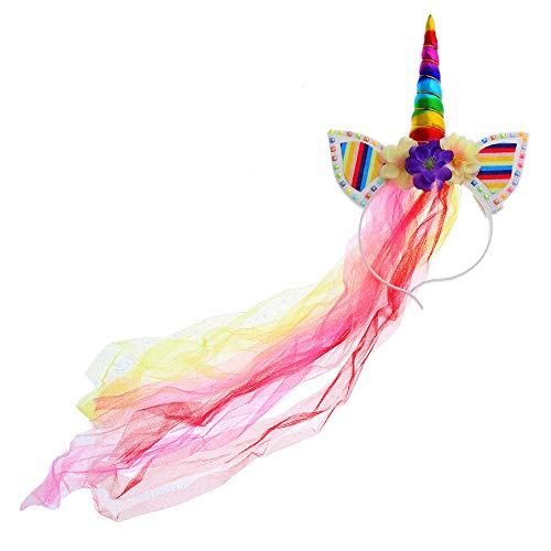 Attitude Studio Light Up Rainbow Unicorn Headband - Unicorn Horn Costume Accessory with LED Lights, Flowers & Tulle Mane - Hair Accessory for Dress Up, Cosplay, Halloween Headpiece for Kids & Adults