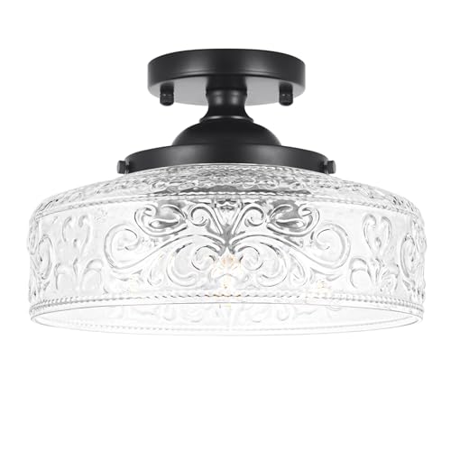 Daunton Semi Flush Mount Ceiling Light Fixture, Vintage Matte Black 3-Light Fixture with Etched...