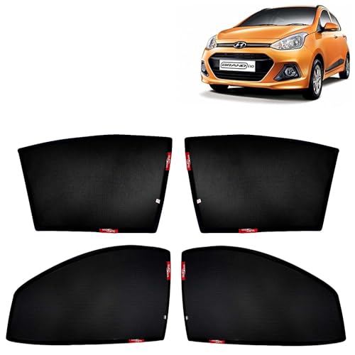 Image of KINGSWAY Car Sun Shade Curtains Only Compatible with Hyundai Grand i10 (2013 to 2017) | Z-Black Fix-Type (Non-Magnetic) | UV & Heat Protection | Pack of 4 Pcs