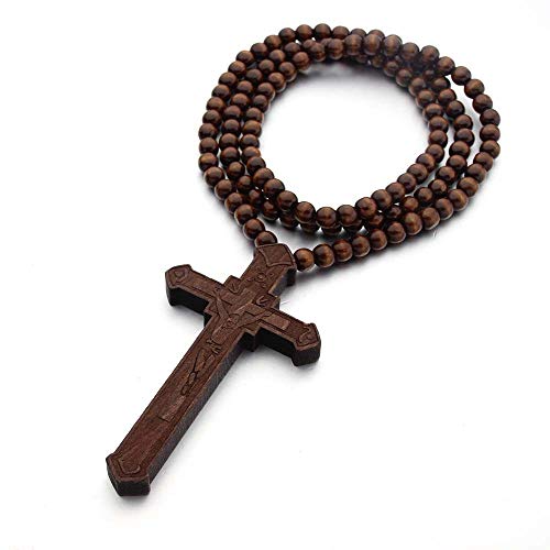 Wooden Cross Necklace For Men Beads Rosary Long Large Natural Wood Jesus Crucifix Cross Pendant Necklace 36inch Chain Religious Christian Prayer Faith Baptism Easter Handmade Jewelry