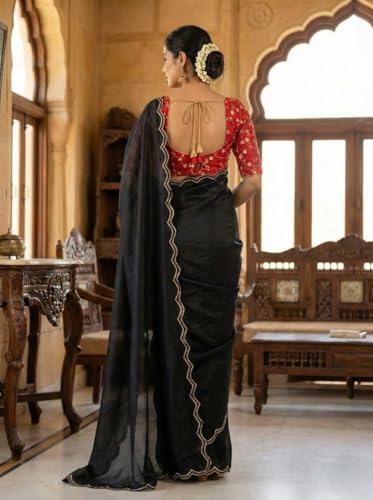 Image of Chinon Silk Saree with Embroidered Blouse, Traditional Georgette Saree, Elephant Embroidery Pattern, V-Neck Design, Free Size, Festival Wear