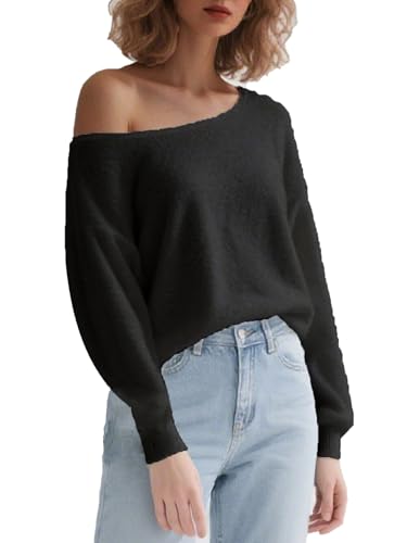 Dressmine Womens Fluffy Off Shoulder Sweatshirts Long Sleeve Tops Knit Batwing Pullover Boat Neck Fall Sweater Clothes3