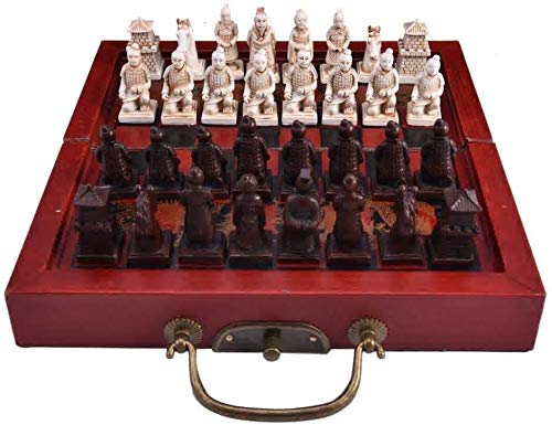 Preisvergleich Produktbild Leilims Internationaler Schach-Dame-Chinese Retro Schach Kleines Schachspiel Geschnitzte Harz Chessman Terrakotta-Krieger Schach Qualität Holzmaterial