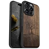 Carveit Magnetic Wooden Case for Phone 16 Pro Case, Wood Artisan Engraved & Black Soft TPU Shockproof Cover, Compatible with MagSafe Wireless Chargers (The Yin Yang Tree) Walnut