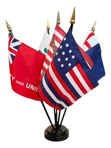 Colonial American Mini Flag Set – 5 Historic 4"x6" Rayon Desk Flags with Plastic 5-hole Base Contains Bunker Hill, First Navy Jack, Pine Tree, Serapis and Taunton Stick Flags