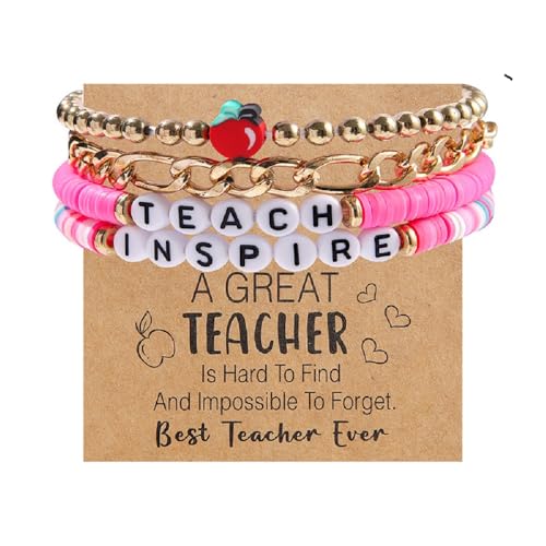 COLORFUL BLING Teacher Appreciation Bracelet Gifts with Card Handmade Love Teach Inspire Letter Bracelets Heishi Surfer Clay Beaded Stretch Bracelet Back to School Graduation Jewelry