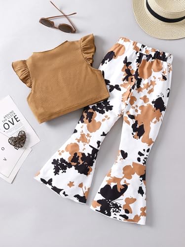 Image of Floerns Girl's 2 Piece Outfit Twist Front V Neck Tee Shirt Flare Leg Pants Set
