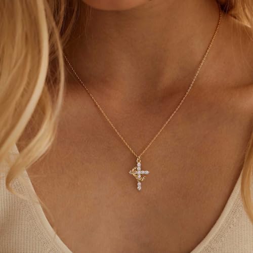 Cross Necklace for Women - Dainty 14K Gold Plated Crown Cross Cubic Zirconia Pearl Pendant Choker Necklace Small Trendy Gold Necklaces Non Tarnish Gold Jewelry Easter Christian Faith Gifts2