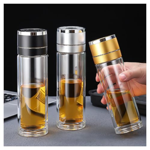 Image of Wosta Leakproof Glass Water Bottle with Stainless Steel Infuser Glass Tea Infuser Bottle with Strainer and Neoprene Sleeve for Loose Leaf Tea, Cold Brew Coffee. (K - GOLD, 400ML)