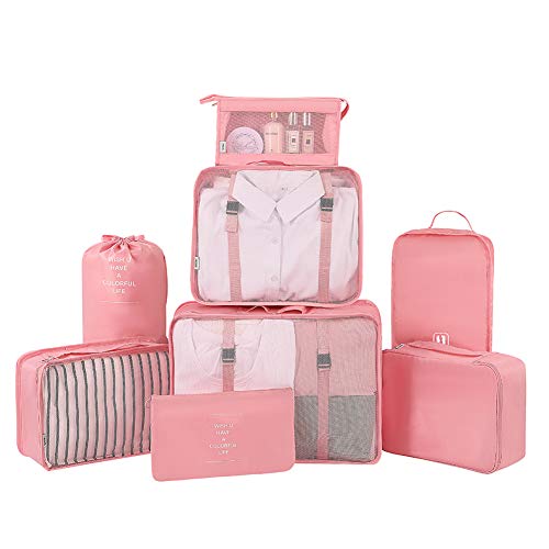 Belsmi Reise Kleidertaschen Set 7-teilig Reisetasche in Koffer Reisegepäck Organizer Kompression Taschen Kofferorganizer Mit Schuhbeutel (Rosa)