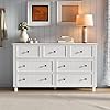 Farmhouse dresser with 7 drawers white dresser for bedroom chest of drawers modern dresser for closet tv stand with large drawers storage dresser organizer clothes for living room hallway  urban country home decor
