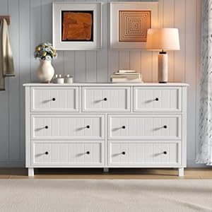 Farmhouse dresser with 7 drawers white dresser for bedroom chest of drawers modern dresser for closet tv stand with large drawers storage dresser organizer clothes for living room hallway  urban country home decor