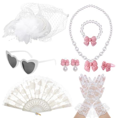 Fumwase 8Pcs White Tea Party Accessories Set Tea Party Gloves Hats Necklace Fan Bracelet Earrings Sunglass Ring (White)