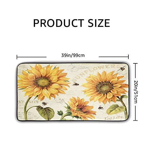 Vintage Bee Sunflower Kitchen Rugs And Mats Non-Slip Anti Fatigue Washable 39"X 20" Floral With Newspaper Backdrop Kitchen Mats For Farmhouse Home Kitchen And Laundry Decorations Memory Foam Mat #TOP1