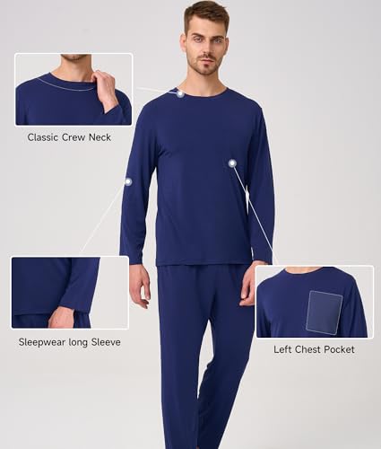 Image of BAMBOO COOL Mens Pajama Set Bamboo Viscose Soft Pijamas Sets for Men Long Sleeve Full Length Pants Pjs Sleepwear with Pockets