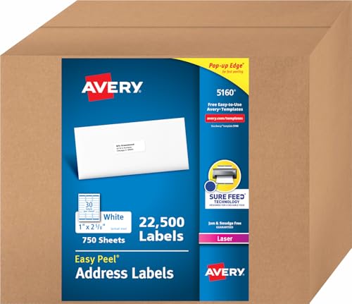 Avery Easy Peel Return Address Labels, 1' X 2-5/8' - 22,500 Blank White Mailing Labels for Shipping, Printing and More (5160)