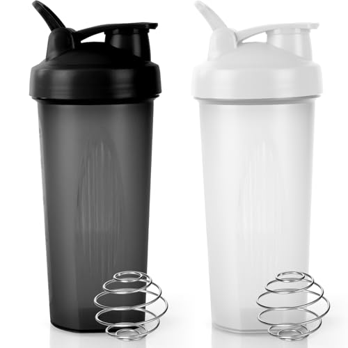 ACWOO 2 PCS Protein Shaker 600ml, Proteína Shaker a Prueba de Fugas con Bola Mezcladora, Botella Mezcladora de Batidos de Proteínas, Taza para Batidos de Proteínas para Fitness (Negro + Blanco)