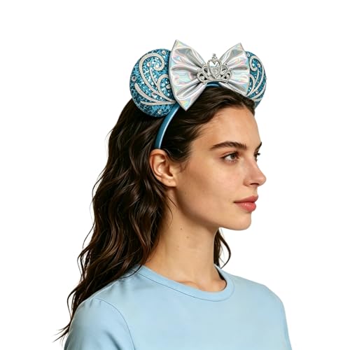 Bmobuo Princess Mouse Ears Headband for Women Blue Sequin Mouse Ears for Adult Park Ears
